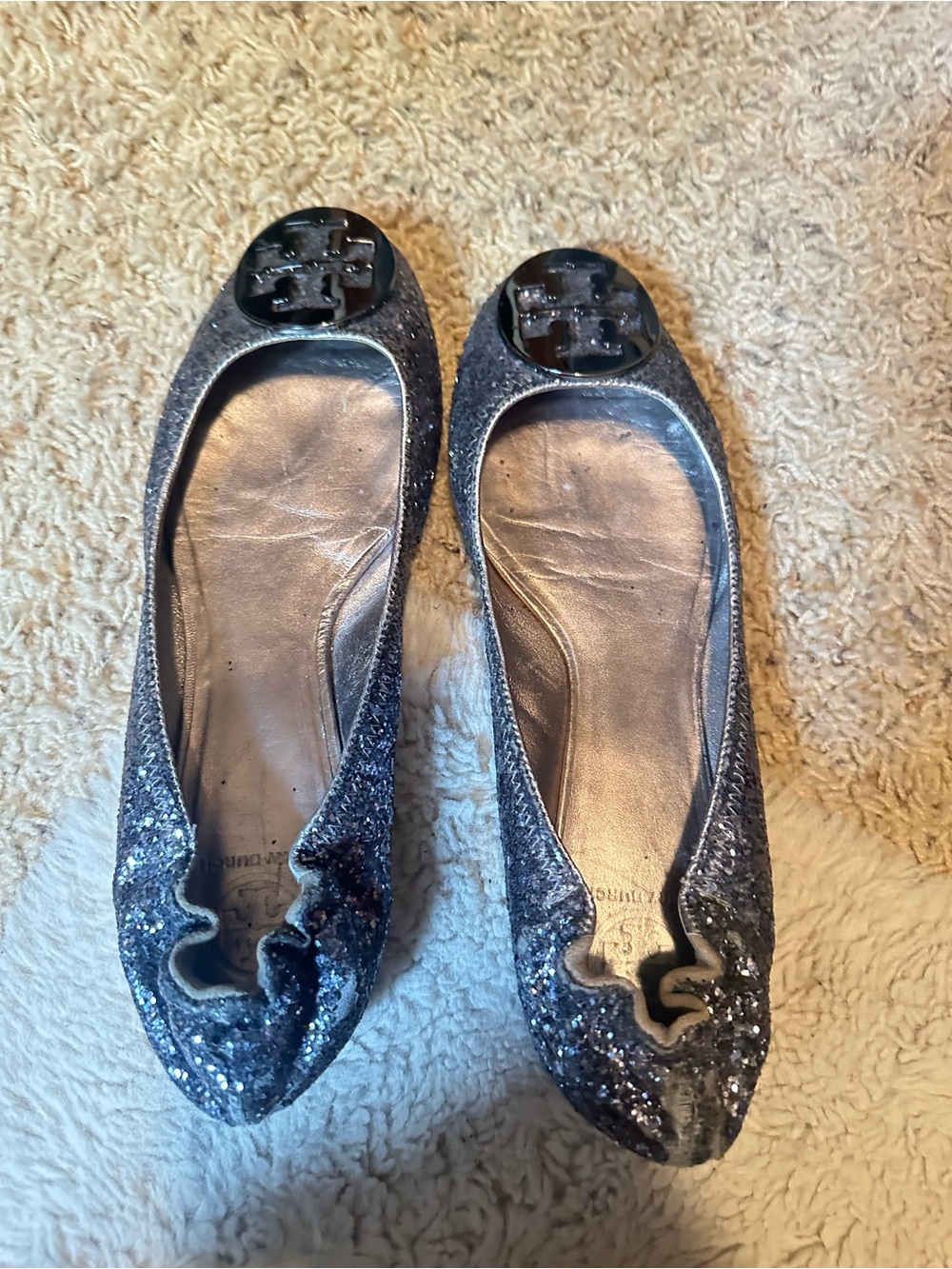 Tory Burch Black Glitter Logo Ballet Flats